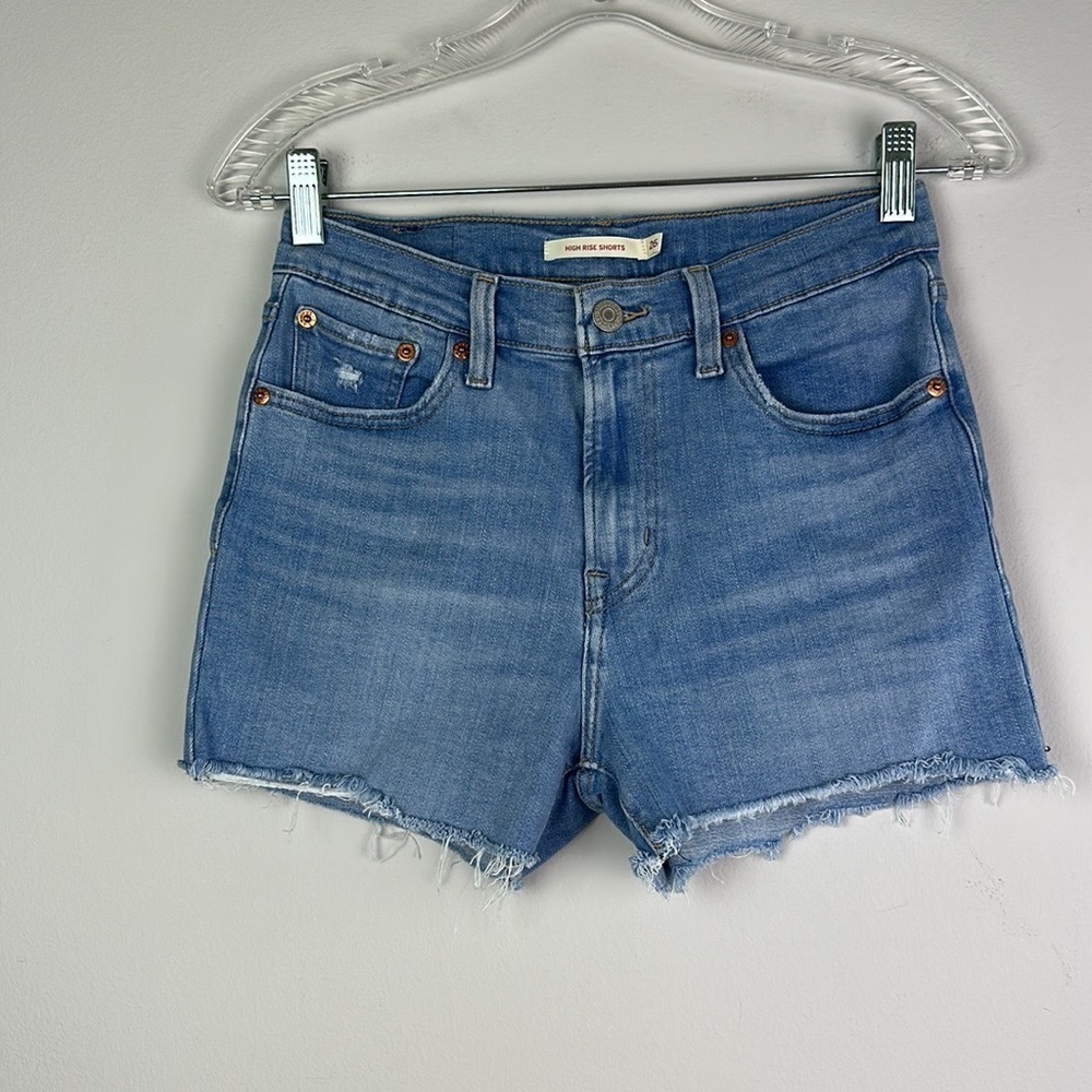 Levi’s Frayed Hem Blue Denim Cutoffs Festival High Waist Stretchy 26 Jean Shorts - Picture 2 of 16